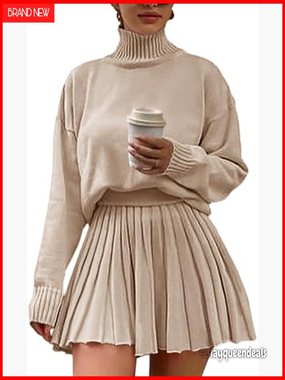 Oversized Turtleneck Sweater and Pleated Skirt Set Size M